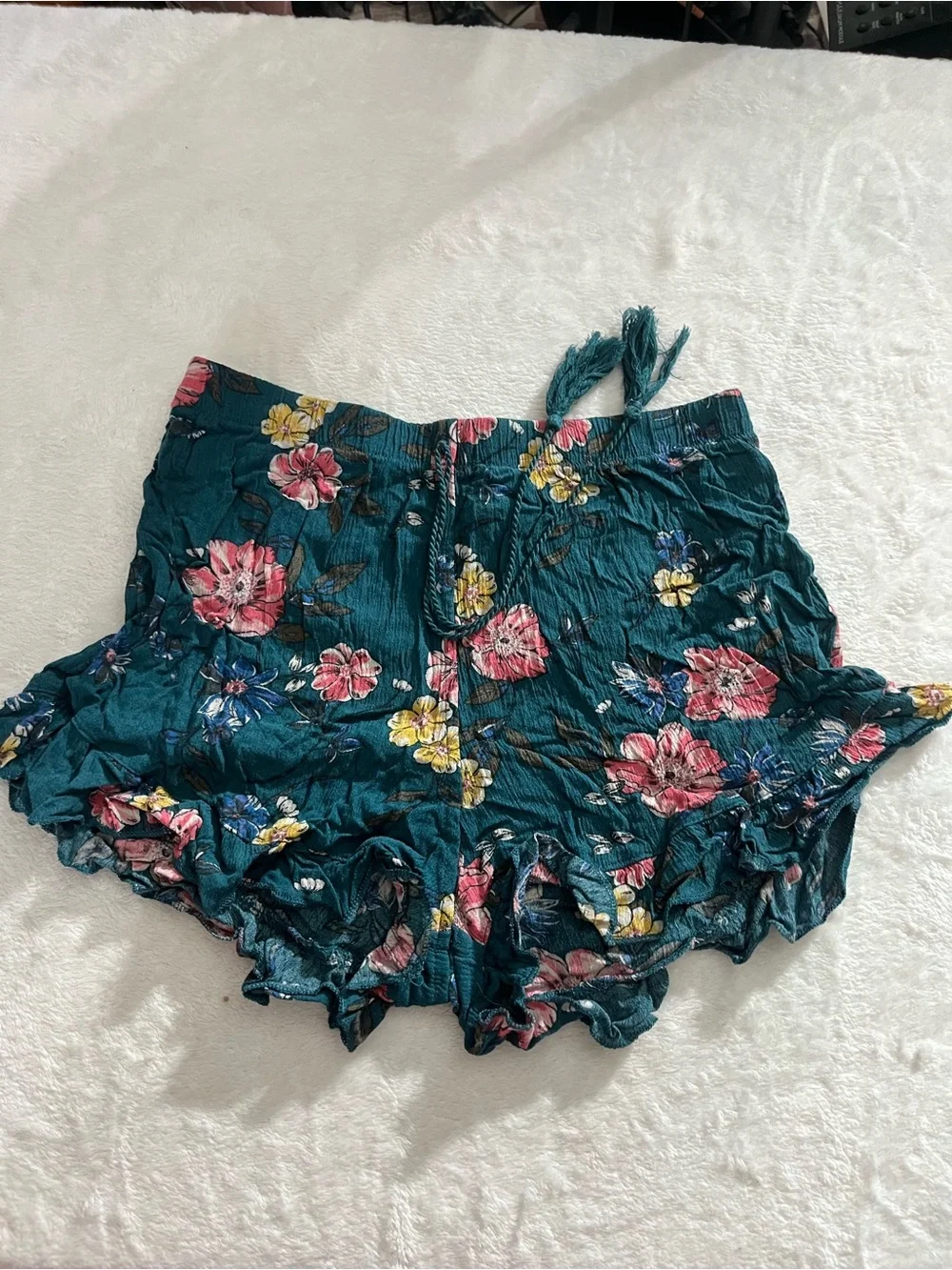 Flouncy Floral Fringe Drawstring Ruffle Hem Shorts Teal Floral Small Stretch GUC